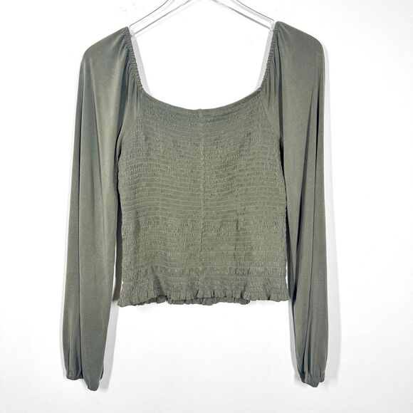 Lucky Brand Womens Size Medium Olive Green Smocked Square Neck Knit Long Sleeve - Picture 8 of 15